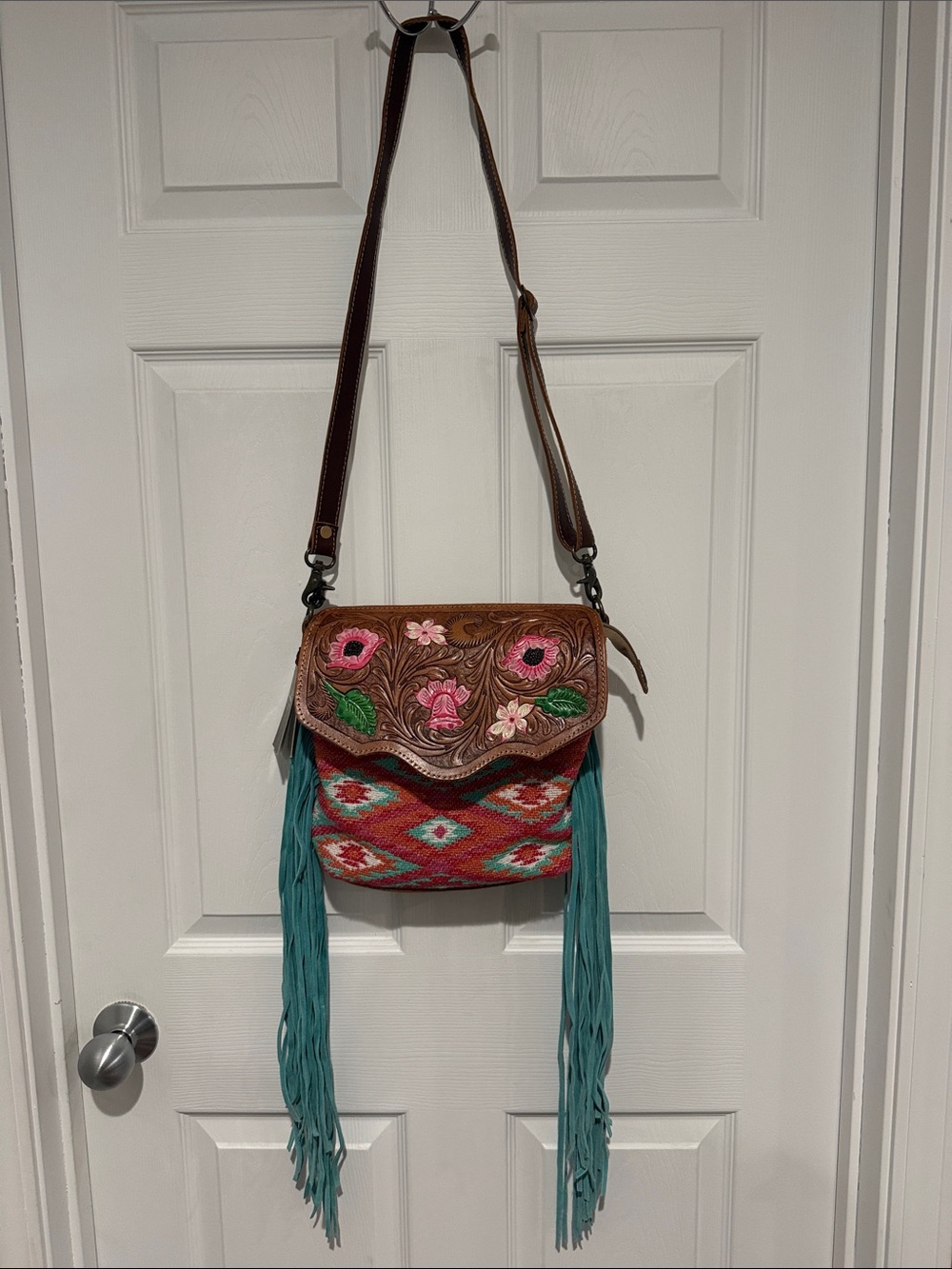 Myra Bag Leather Flap Tooled Crossbody Bag Multicolored with Teal fringe